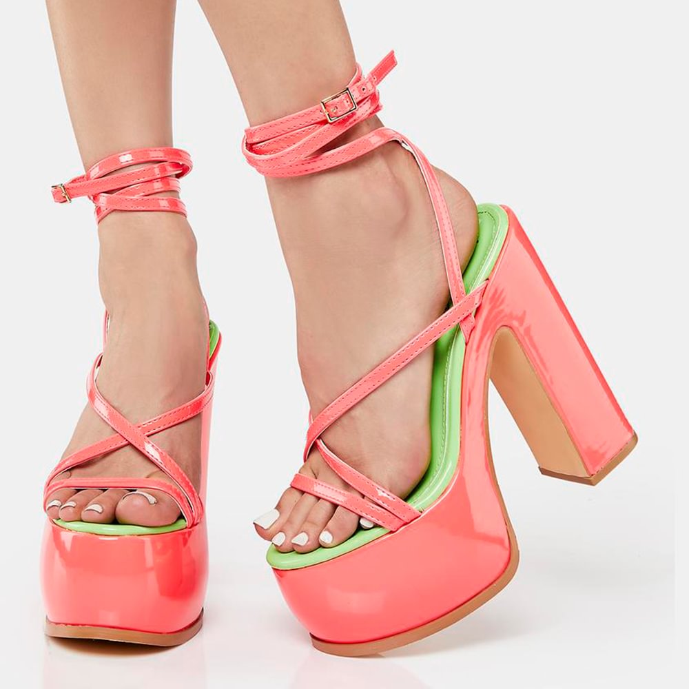 Pink Round Toe Leather Cross Strappy Ankle Strap Platform Chunky Heel Sandals Nicepairs