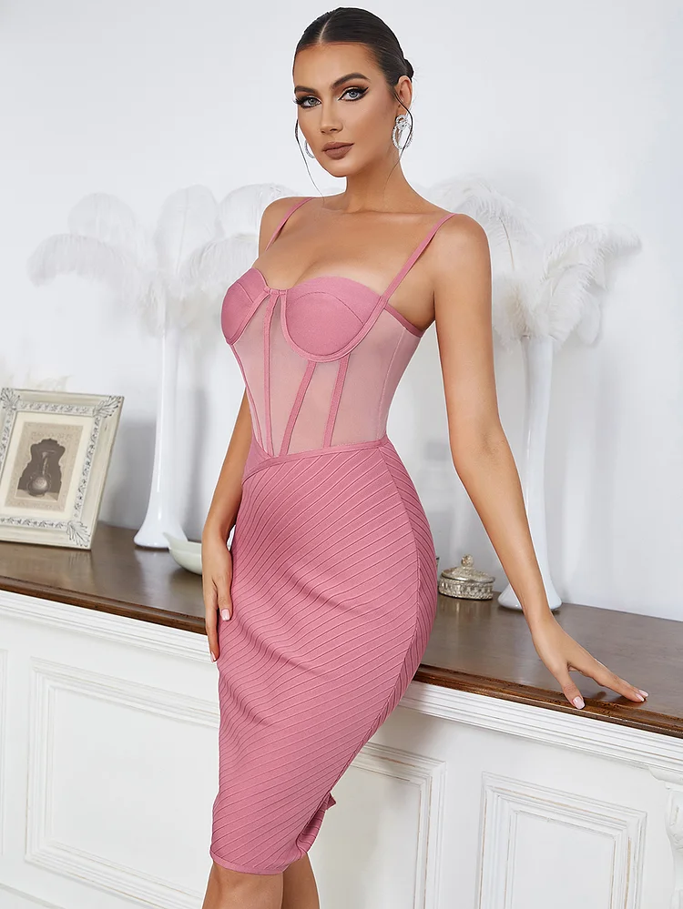 Pink Sling Panel Mesh Bandage Dress SF574