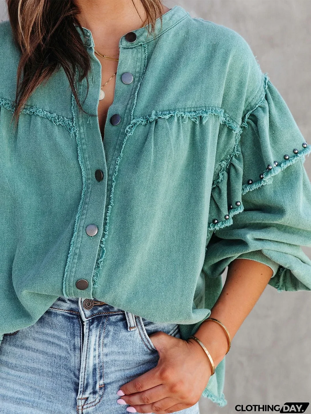 Button Down Raw Hem Denim Jacket