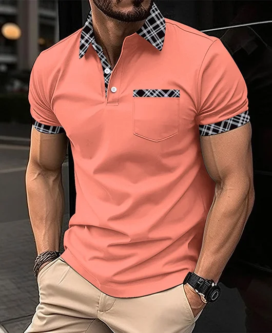 Casual Grid Patchwork Chest Pocket Short Sleeve Polo Shirt 