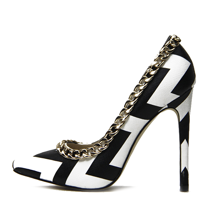 Black and White Heels Pointy Toe Stiletto Heels Pumps with Chain |FSJ Shoes