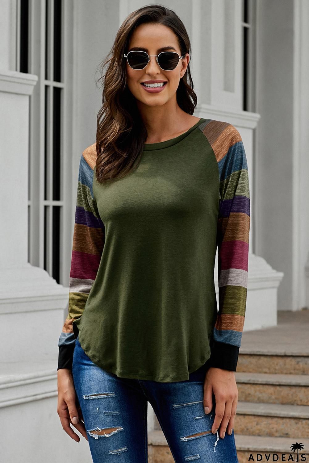 Green Color Block Long Sleeves Pullover Top
