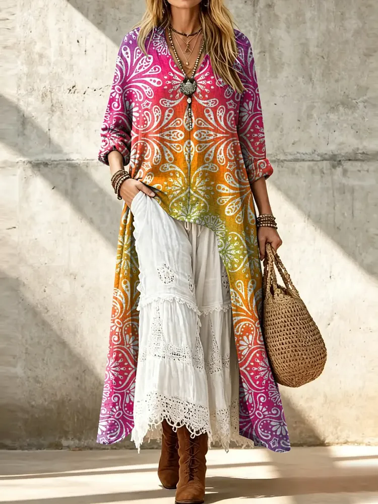 Women's Casual Retro Loose Fitting Long Back Hem Pattern Print Cotton Linen Shirt