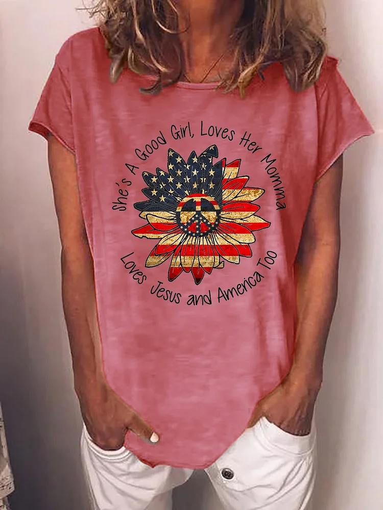 Bestdealfriday She's A Good Girl Loves Her Mamma Loves Jesus And America Too Graphic Loose Large Round Neck Tee