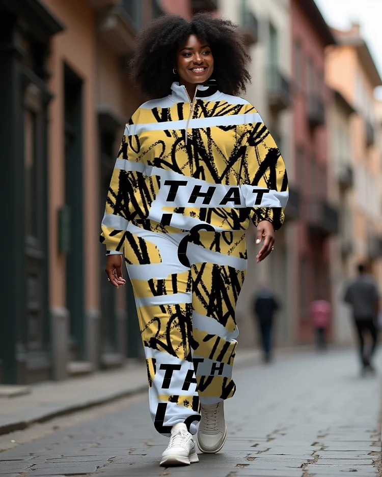 Women's Plus Size Broken Letters Graffiti Print Two-Piece Set