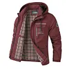 Men's Casual Outdoor Windproof Hooded Jacket - Multi-Pocket Zip-Up Cargo Coat with Plaid Accent by Inlyline