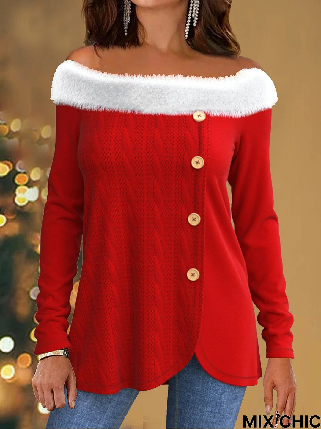 Long sleeved Christmas Snowman printed woolen warm top for women