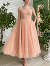 Light Peach Pink Lace Tea Length Dress Bodice Sweetheart Prom Robe Ball Gown Floral Applique Bridesmaids Dresses A Line Formal Evening Tulle