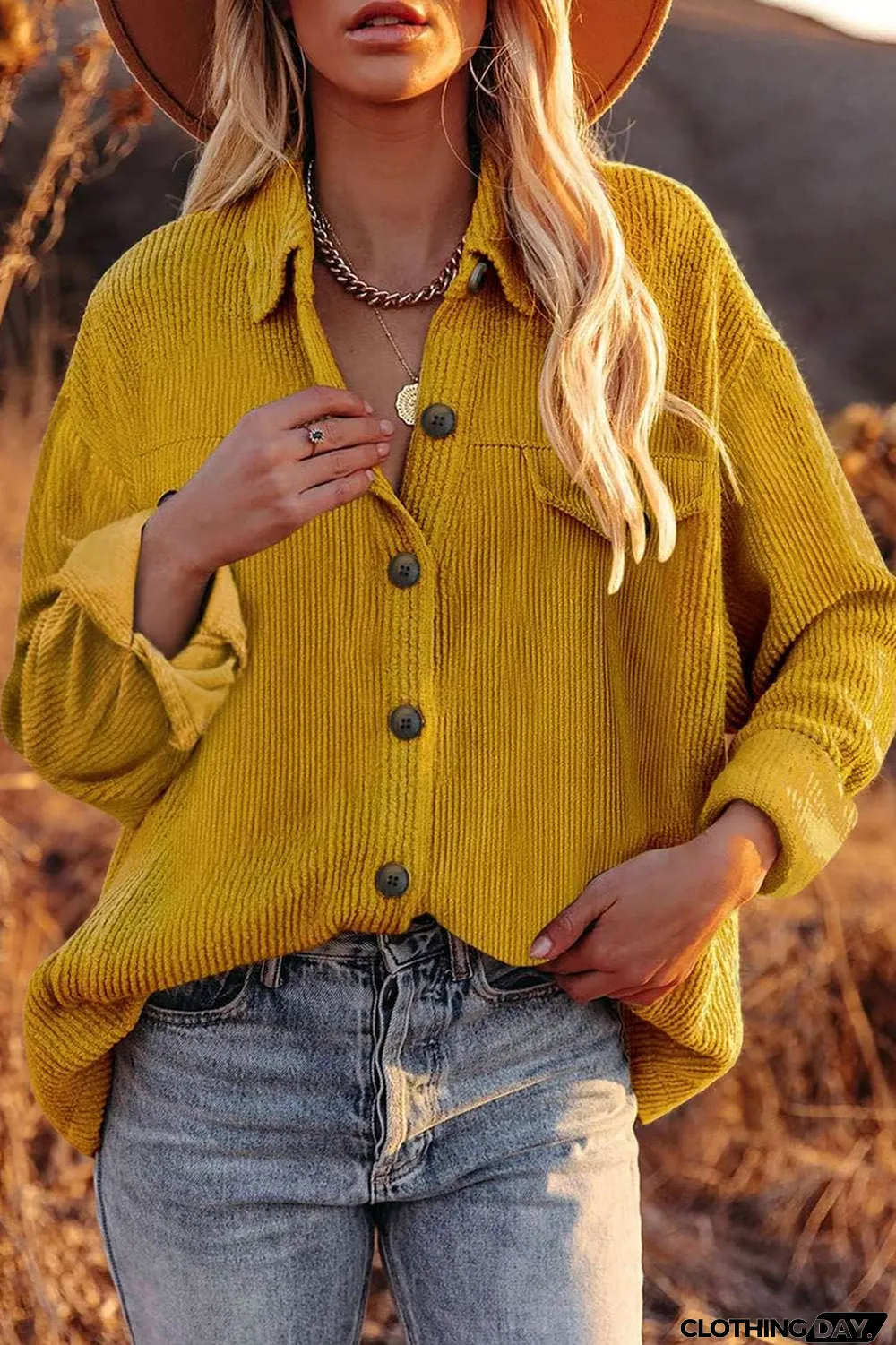 Yellow Corduroy Long Sleeve Button-up Shirt Coat