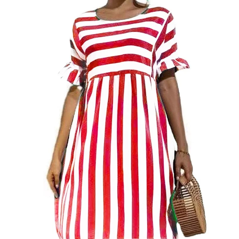 Back to school  Women Elegant Ruffle Sleeve Striped Patchwork A Line Dress 2022 Summer Casual High Waist O Neck Loose Pocket Dress Beach Wear
