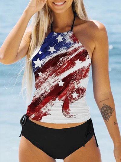 USA Flag Strapless Knot Side Tankini Sets