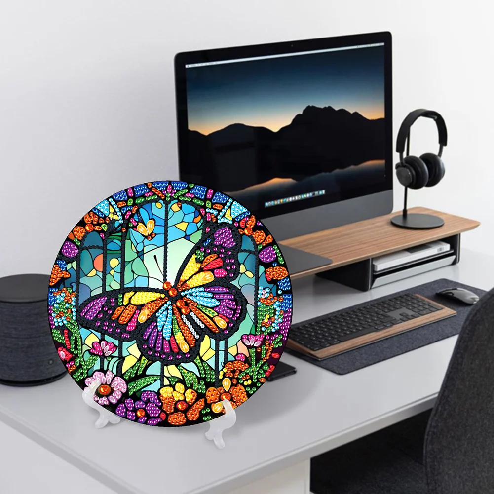 DIY Stained Glass Butterfly Diamond Painting Wooden Single Side Crystal Painting Desktop Kit for Home Office Decor