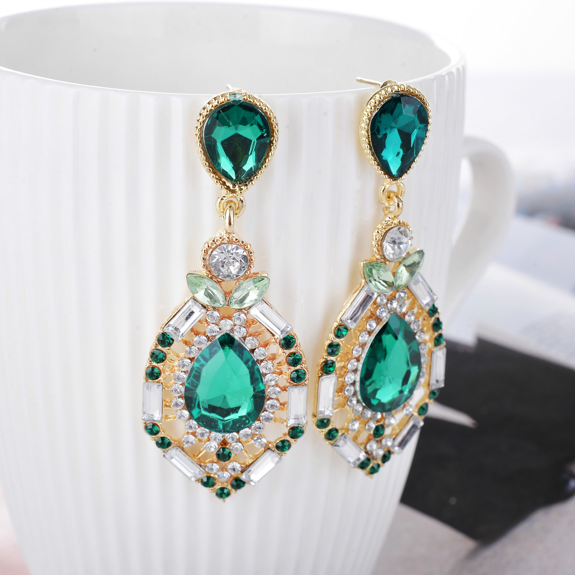 Vintage Green Water Droplet Shaped Rhinestone Dangle Earrings 2024 - Flycurvy 