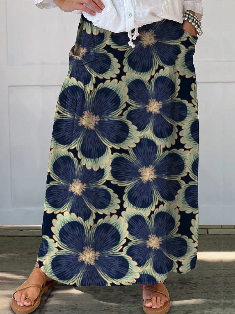 Women's Vintage Floral Art Print Linen Pocket Skirt