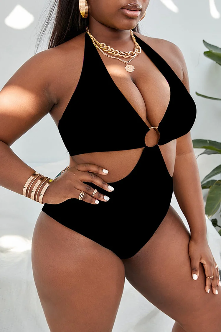 Plus Size Vacation Pink Tropical Print Cut Out O-Ring One-Pieces Swimsuit 2024 - Xpluswear