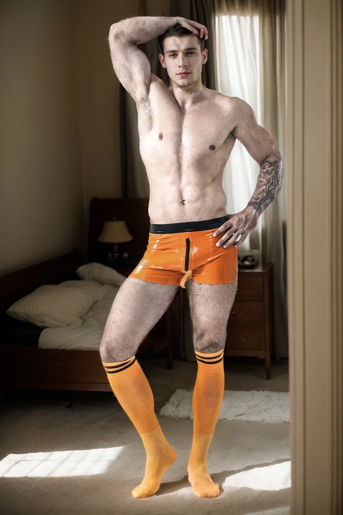 Men's Translucent Orange Latex Shorts Male Sailor Front & Bum Zip&nbsp;Shorts Energetic Boy's Attire