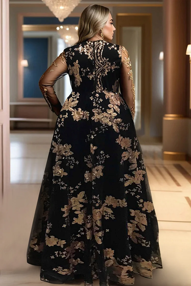 Xpluswear Design Plus Size Formal Black Elegant V Neck Long Sleeve Split See Through Tulle Maxi Dresses [Pre-Order]