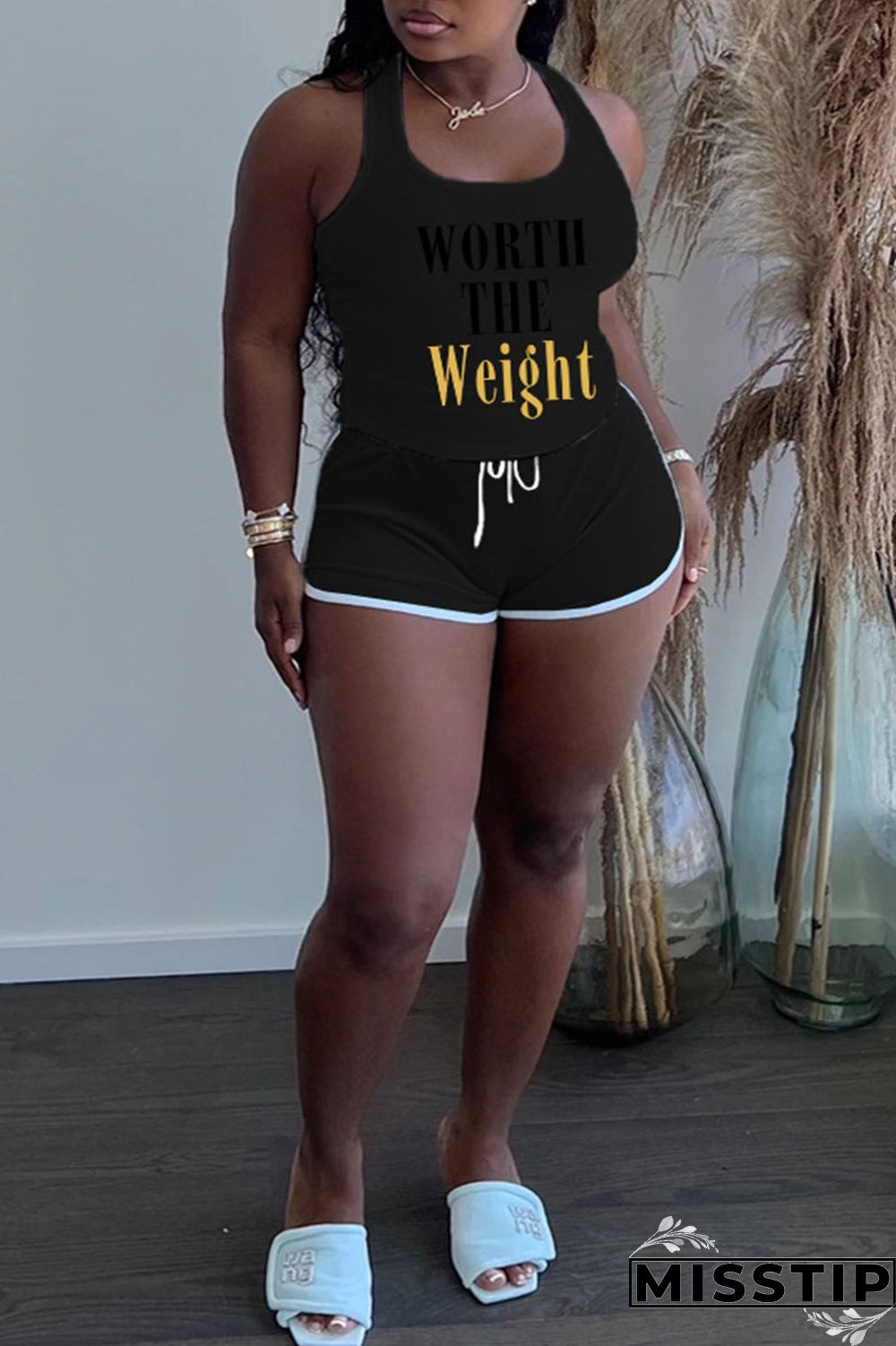 Grey Plus Size Casual Letter Print Patchwork U Neck Plus Size Two Pieces