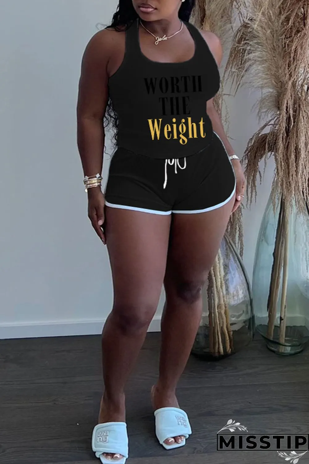 Grey Plus Size Casual Letter Print Patchwork U Neck Plus Size Two Pieces