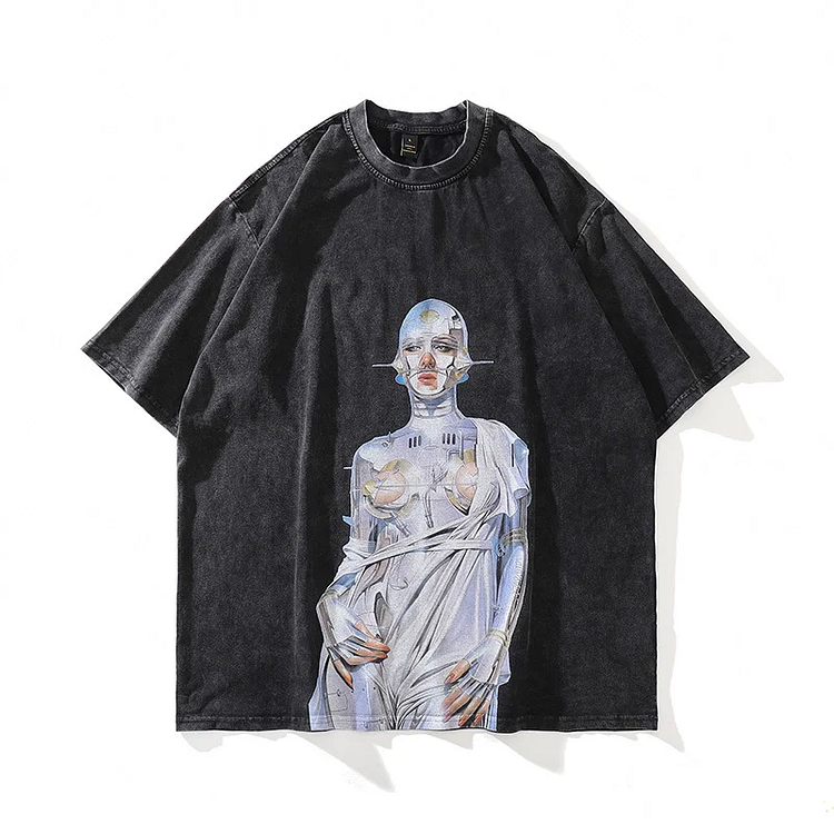 Sopula Vintage Robo Goddess Graphic Print Acid Wash Oversized T-shirt