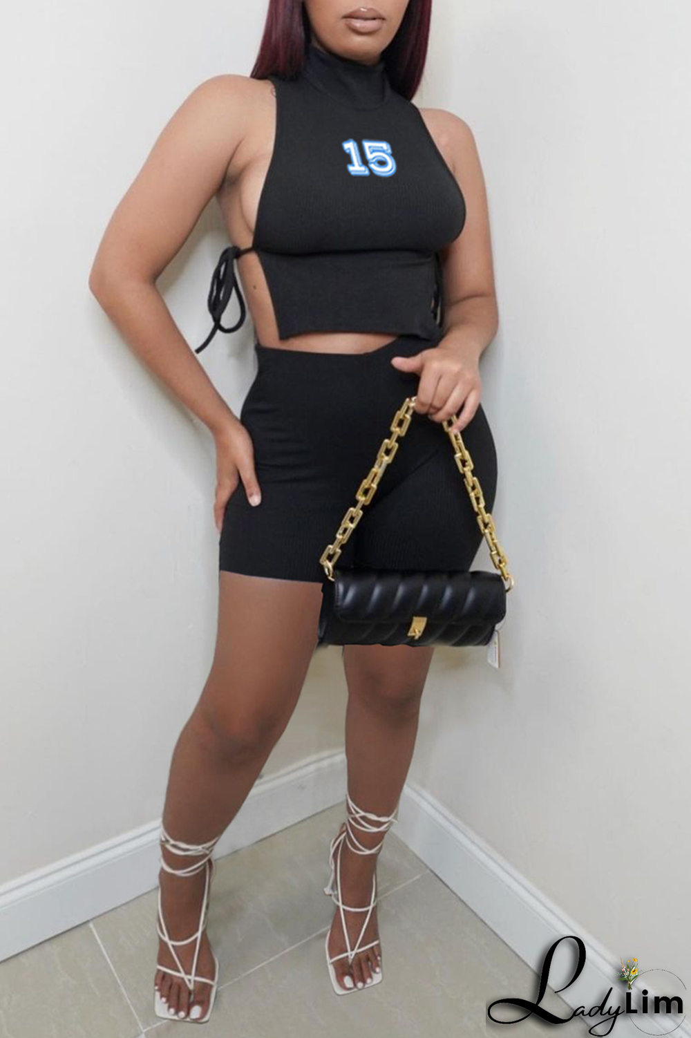 Yellow Fashion Print Draw String Half A Turtleneck Sleeveless Two Pieces