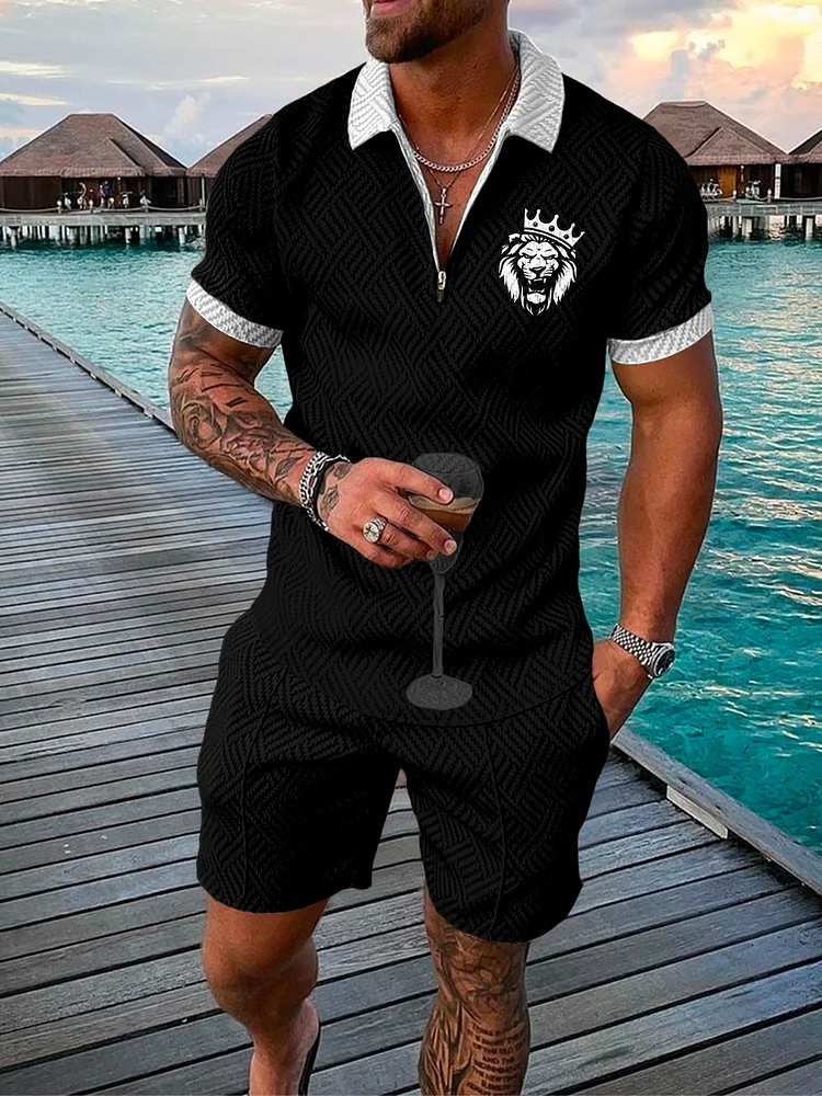 Men's Lion Printing Vacation Leisure Polo Suit