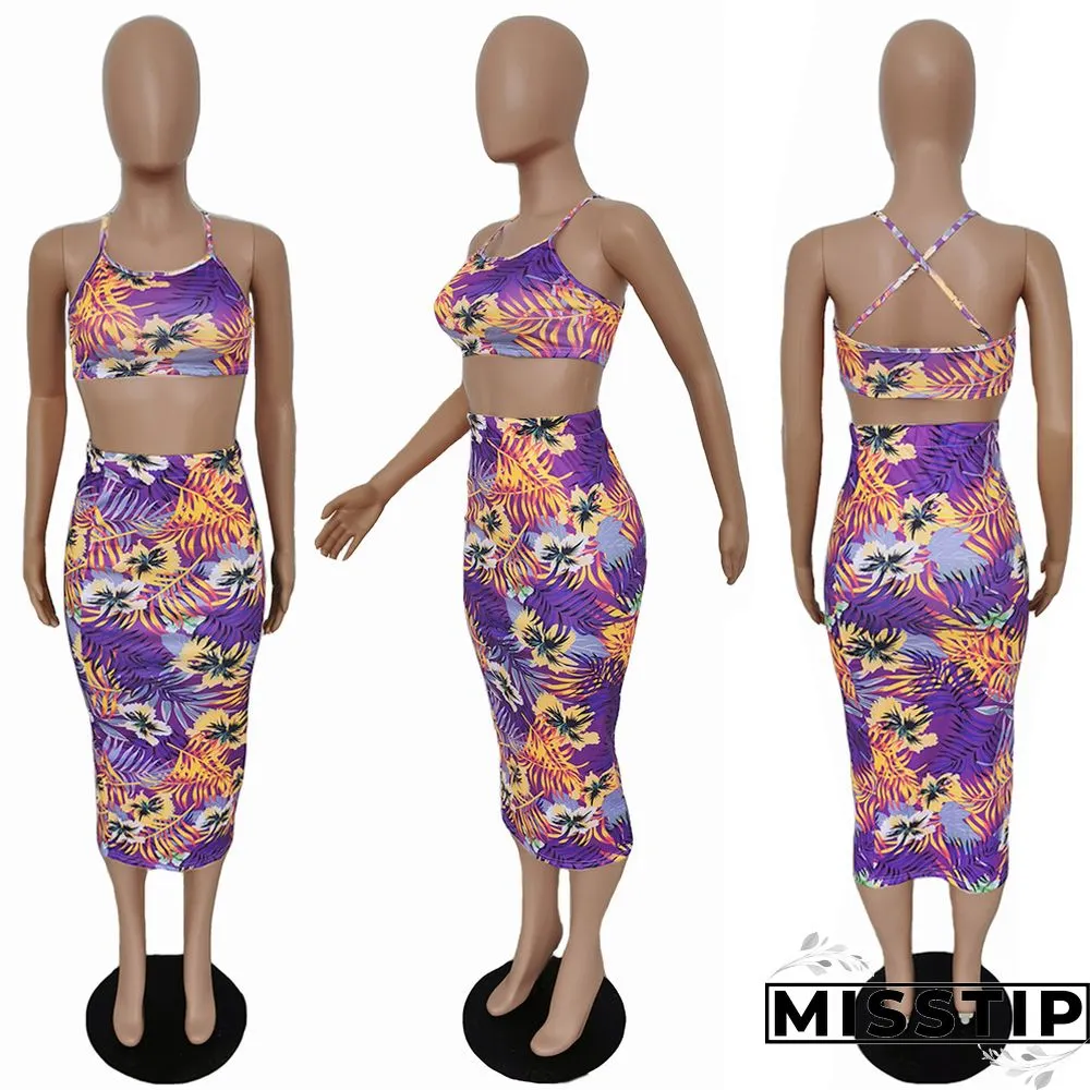 Floral Print Back Cross Tank Top Wrap Hip Skirt Two-piece Set