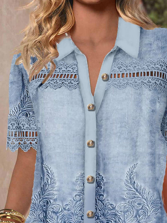 Women's Short Sleeve V-neck Lace Stitching Hollow Graphic Top