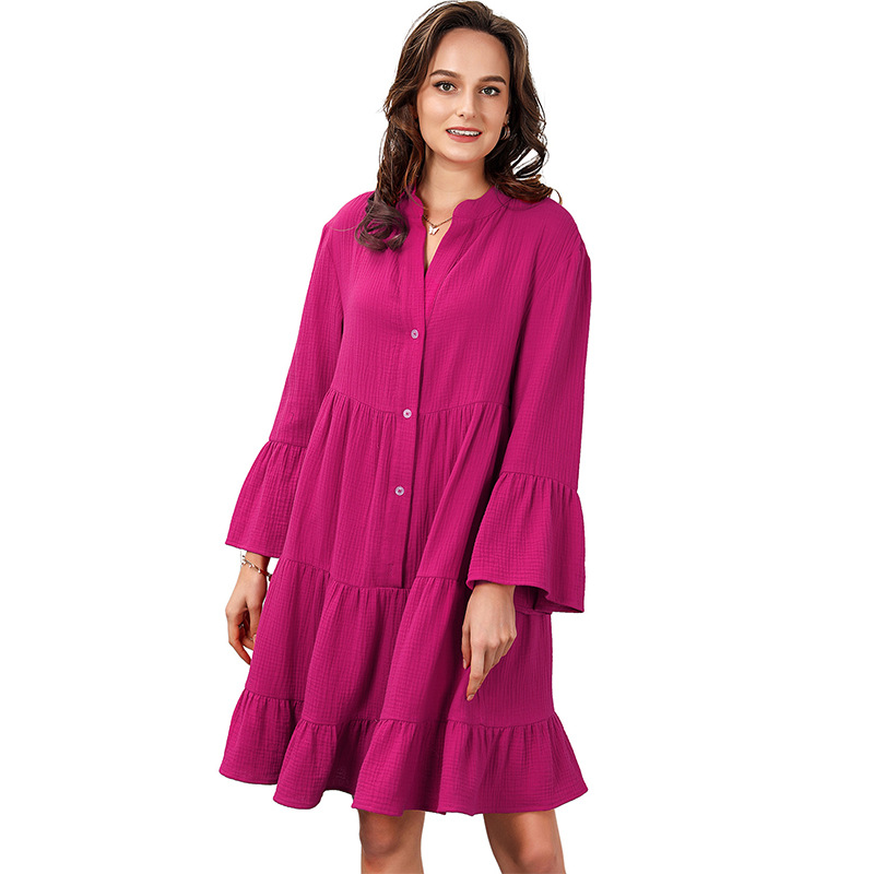 Mature Women's Fashion Solid V-neck Long-sleeve Dress
