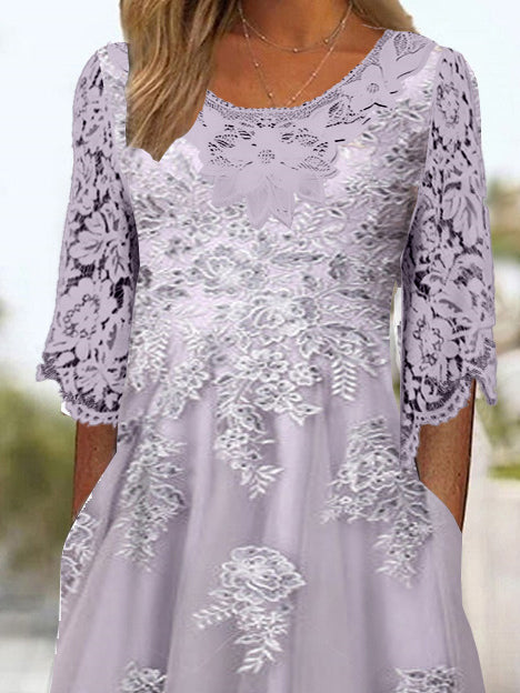 Women's 3/4 Sleeve Scoop Neck Floral Printed Lace Stitching Midi Dress