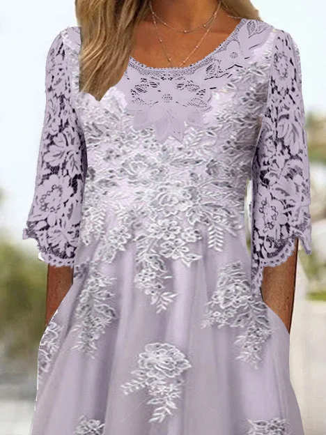 Women's 3/4 Sleeve Scoop Neck Floral Printed Lace Stitching Midi Dress