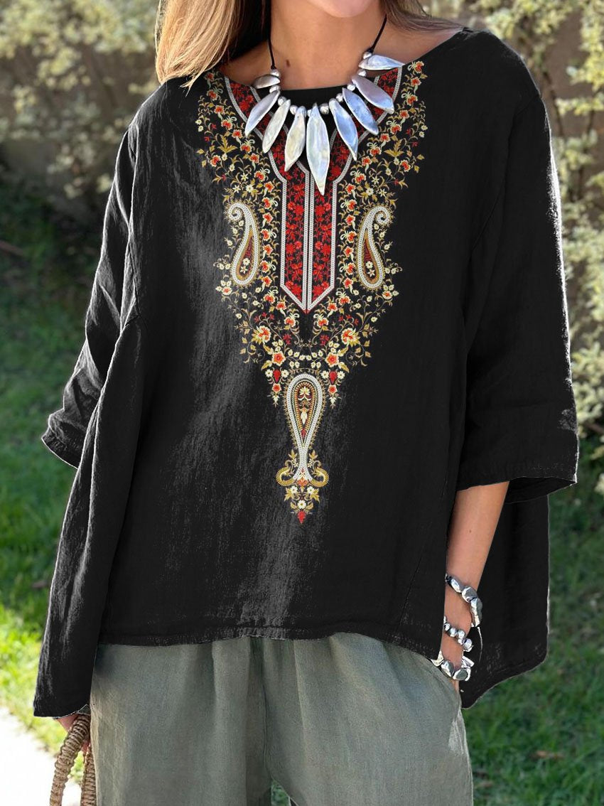 Women's Vintage Ethnic Pattern Art Print Casual Cotton And Linen Shirt