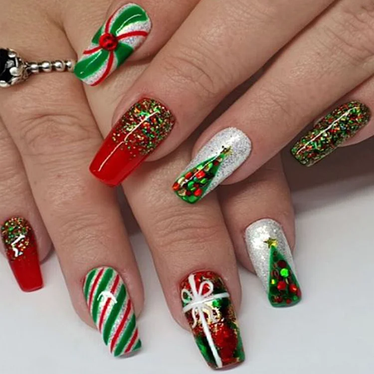 Christmas Tree Gift Candy Cane Pattern Sparkly False Nails