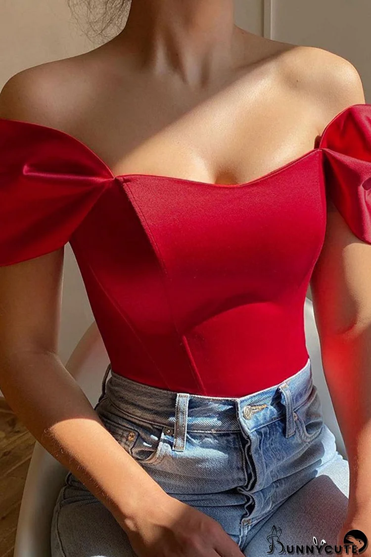 Burgundy Sexy Solid Split Joint Asymmetrical Off the Shoulder Tops