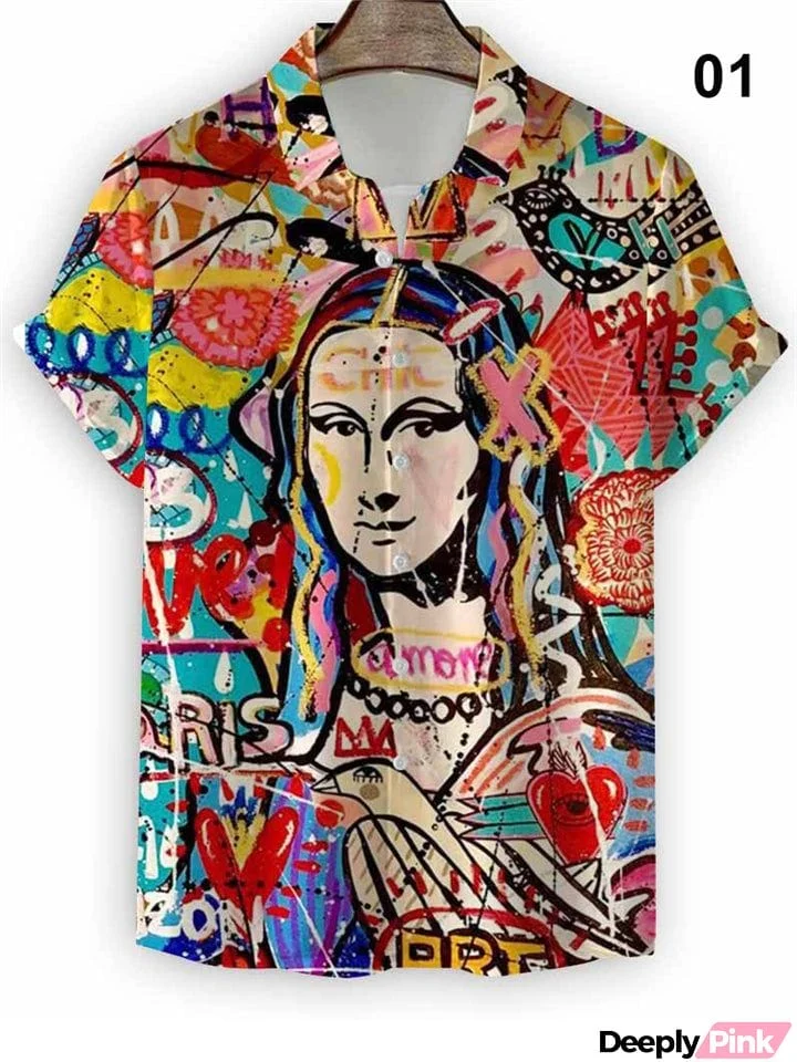 Men's Mona Lisa Cartoon Print Cuba Vintage Shirt