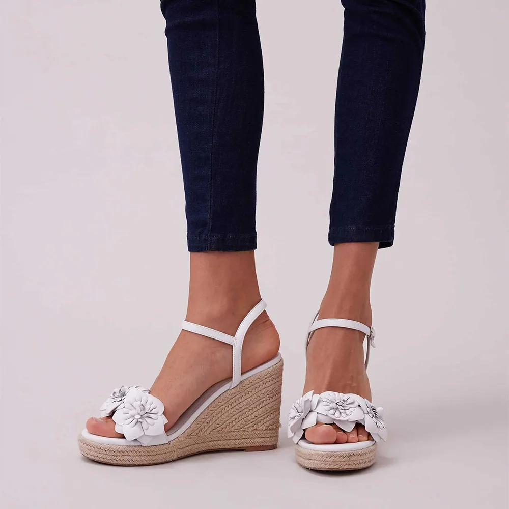 White Ankle Strap Open Toe Flower Decor Espadrille Wedge Sandals