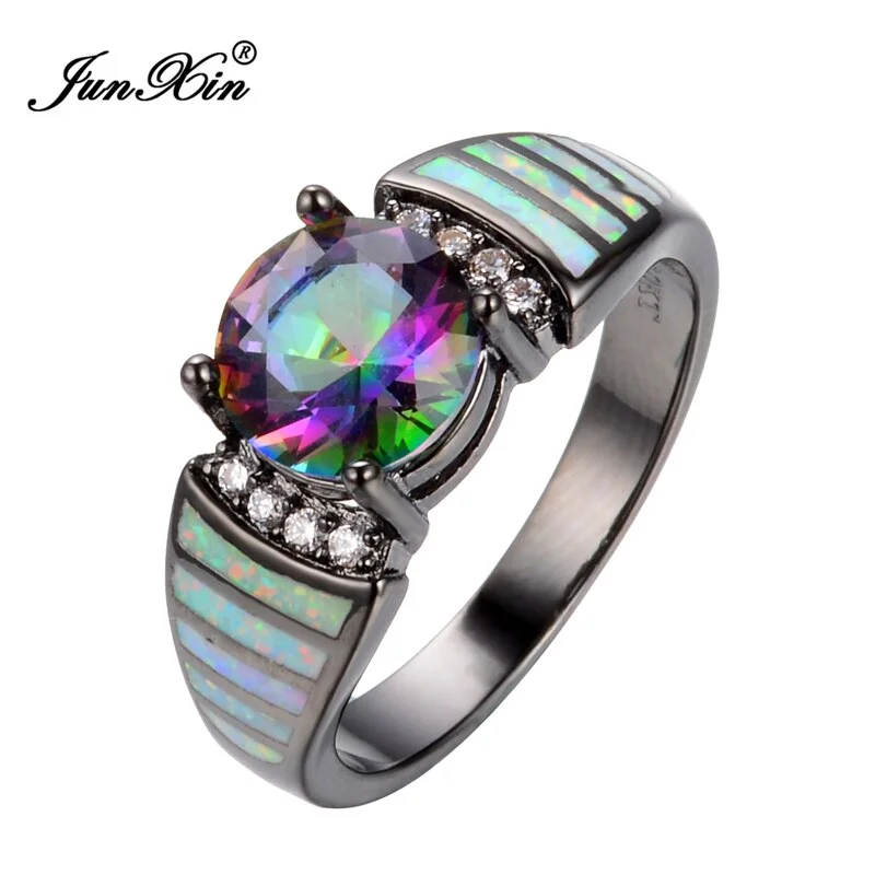 Size 6/7/8/9 Jewelry Multi-Color CZ Women Wedding Rainbow Opal Rings 10KT Black Gold Filled Engagement Ring RB0263