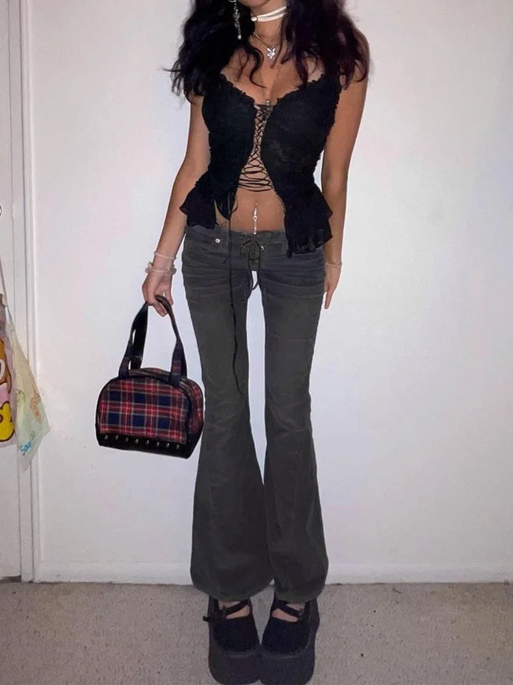 Rapcopter y2k Grey Flare Jeans Lace Up Cute Retro Trousers Low Waisted Patchwork Cargo Pants Aesthetic Korean Chic Women Jeans