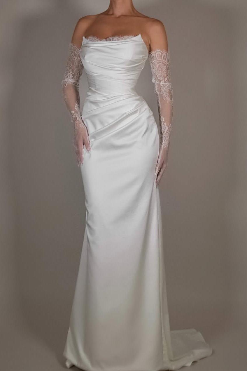 Charming White Satin Strapless Sleeveless Slim Pleated Prom Dress with Lace Gloves | MS0474  