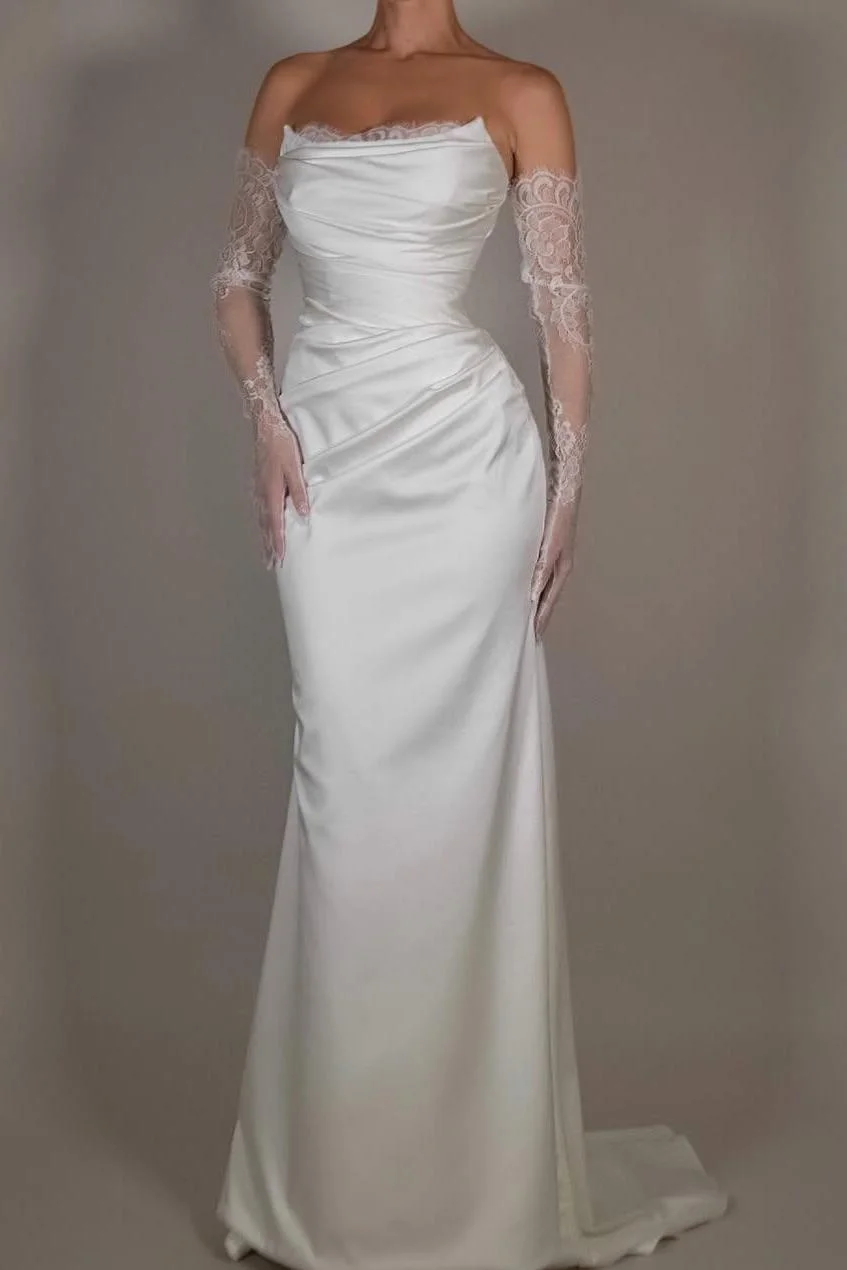 Miabel Charming White Satin Sleeveless Strapless Slim Pleated Prom Dress with Lace Gloves