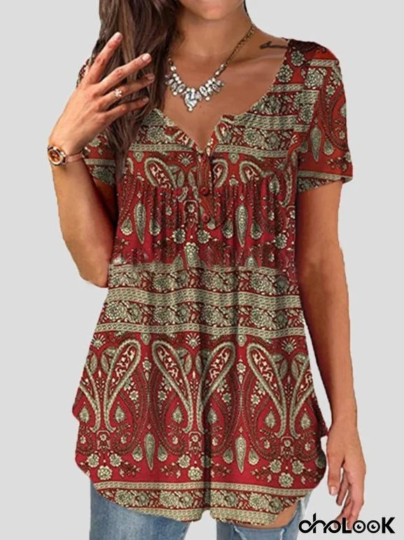 Women's T-Shirts Vintage Print V-Neck Short Sleeve T-Shirts