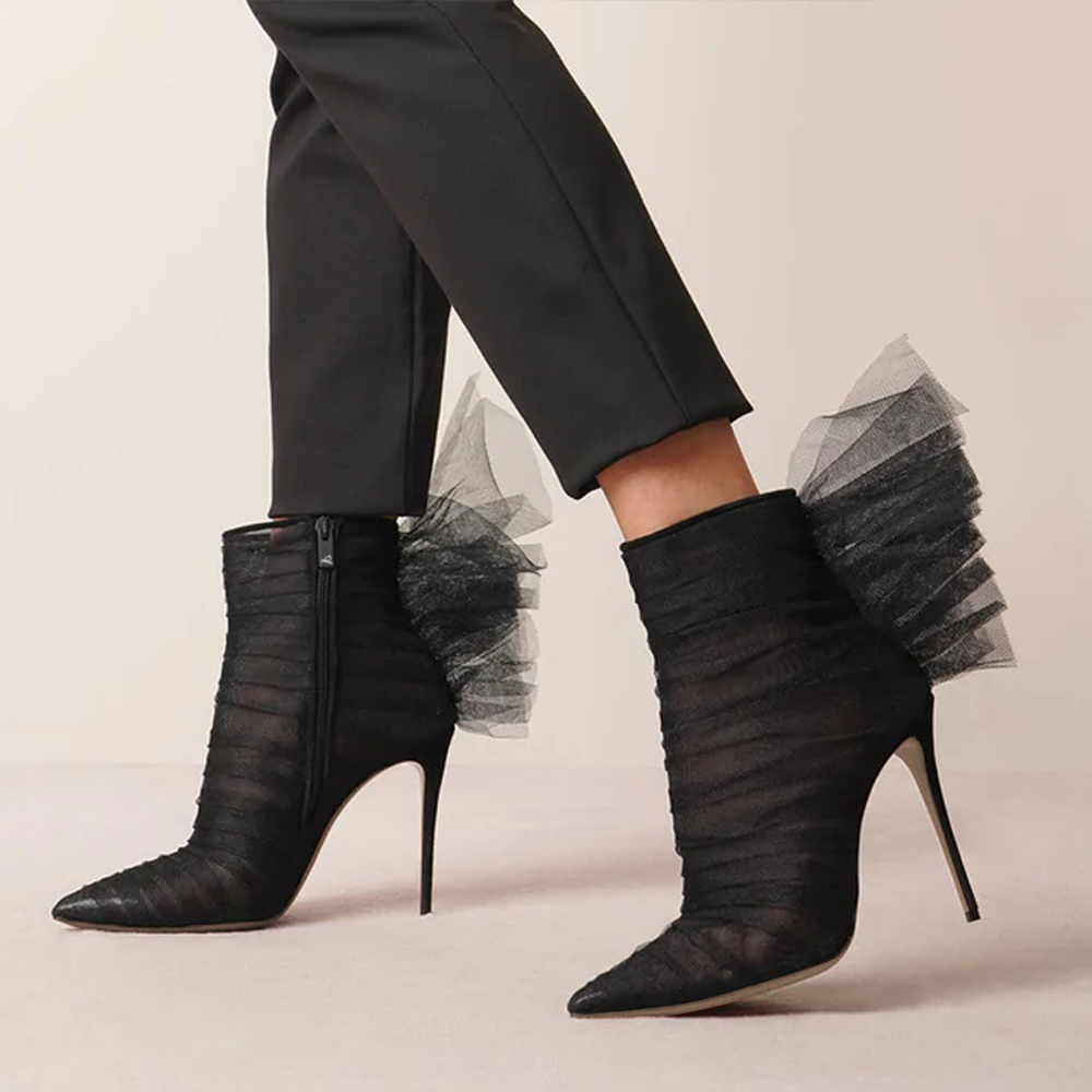 Black Pointed Toe Lace Decor Ankle Boots Nicepairs