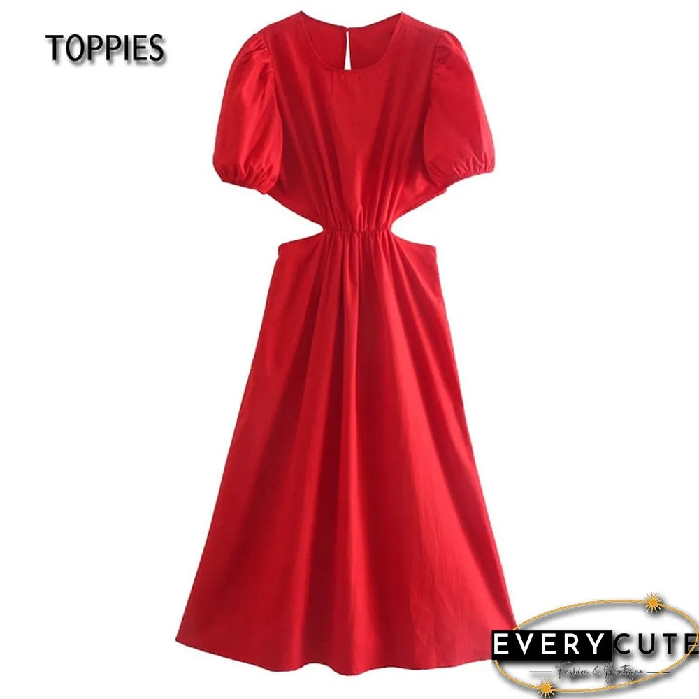 Toppies Summer Dress Sexy Hollow Out Backless Midi Dress Puff Sleeve Vacation Beach Dress