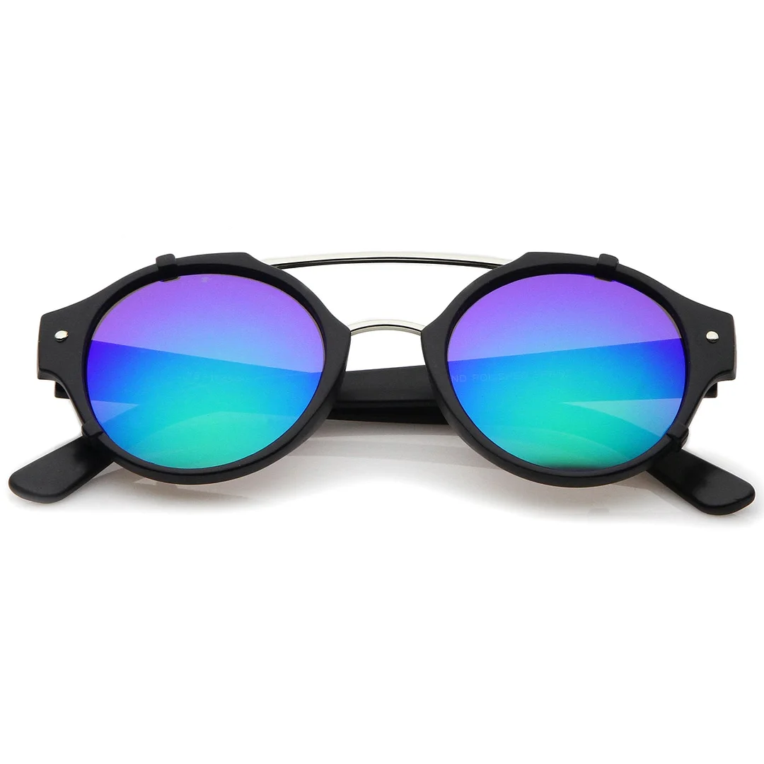 Modern Matte Finish Double Crossbar Mirrored Lens P3 Round glasses 49mm