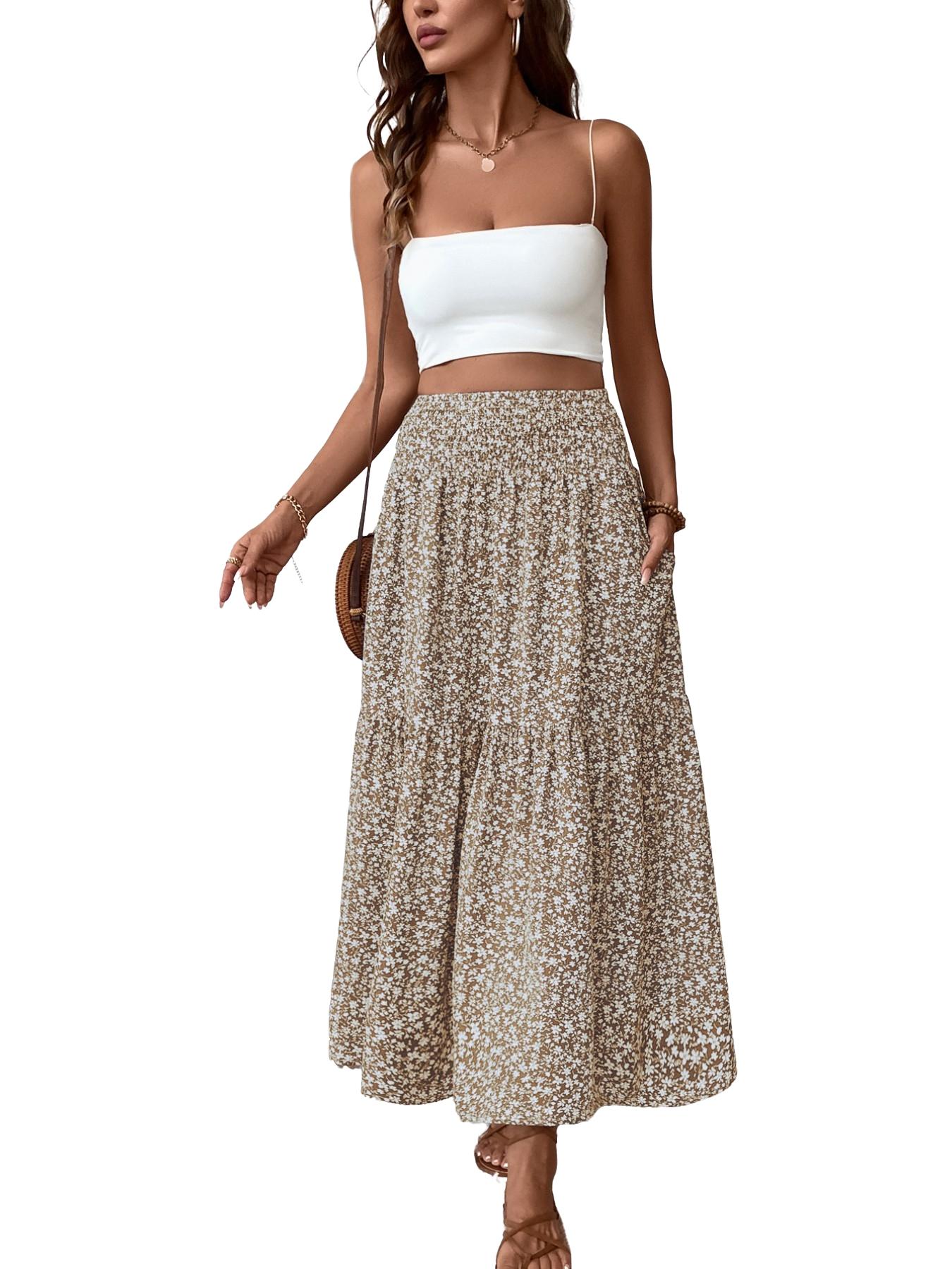 Women's Ditsy Floral Vintage Casual Vacation Layered A-Line Skirt, Elegant Long Skirt for Spring & Fall, All over Print Fitted Style