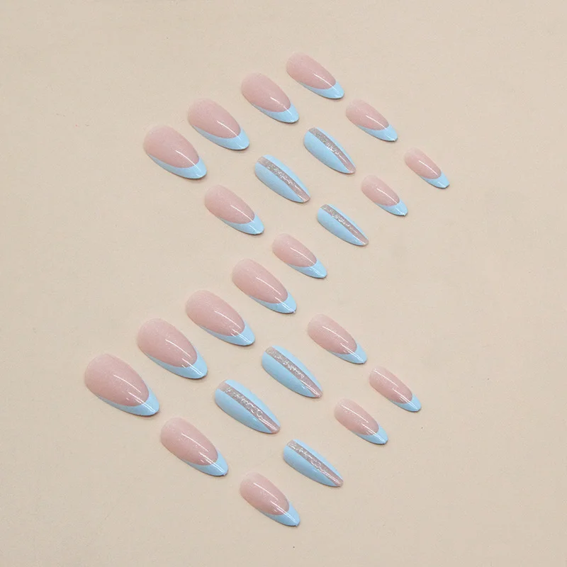 Churchf Churchf Fresh Almond Nail Light Blue Simple Nail Light Luxury Ins Wind Fake Nail Fashion Wear Armor