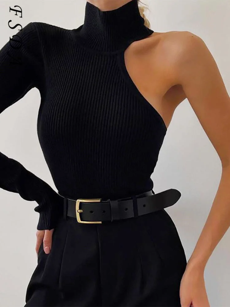 FSDA 2021 One Shoulder Black Bodysuit Sexy Bodycon Women Y2K 2021 Autumn Winter Long Sleeve Body Tops Hollow Out Jumpsuits