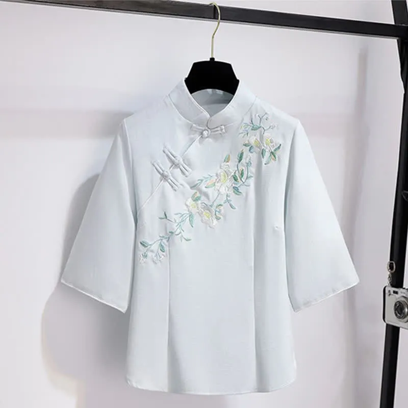 Vintage Hanfu Floral Embroidery Shirt Skirt Two Pieces Set