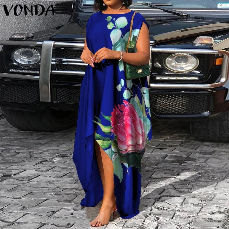 VONDA Bohemian Summer Maxi Dress 2022 Women Vintage Floral Print Satin Dresses Sexy Sleeveless Irregular Hem Vestidos Oversized