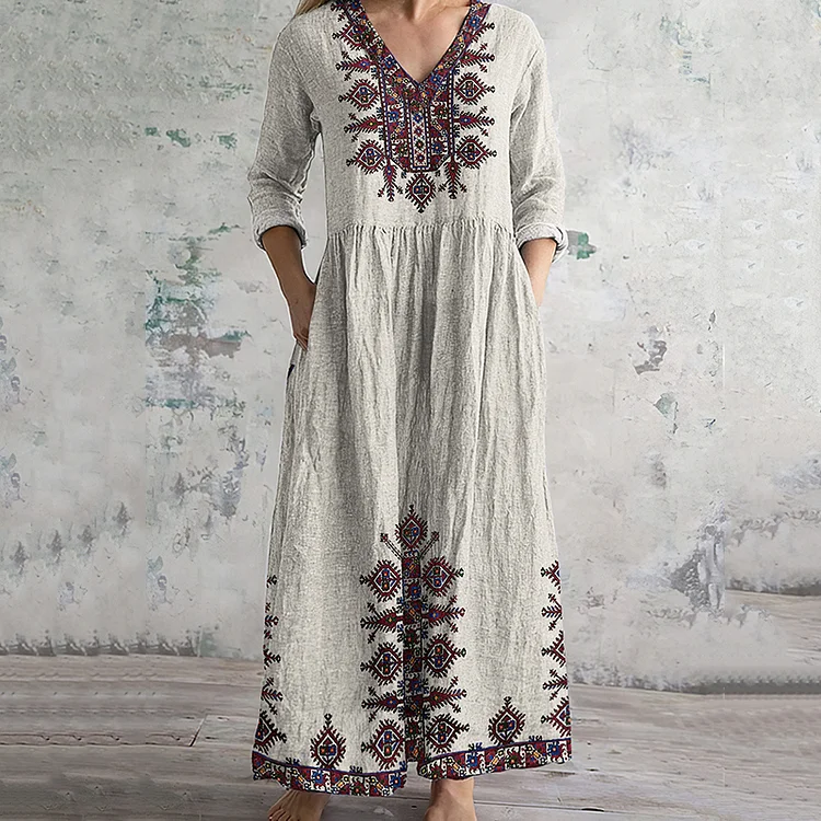 Utbros Vintage Cretan Pattern V-neck Linen Blend Midi Dress